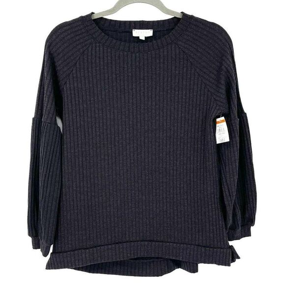 Status By Chenault Black Rib Knit Crewneck Lantern Sleeve Soft Top NWT Women XS - Picture 1 of 7